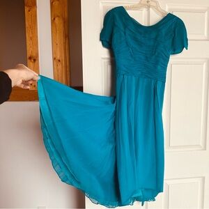 60’s Teal Evening Wiggle Dress w/ Bustle in Silk Chiffon Cocktail Marilyn Monroe